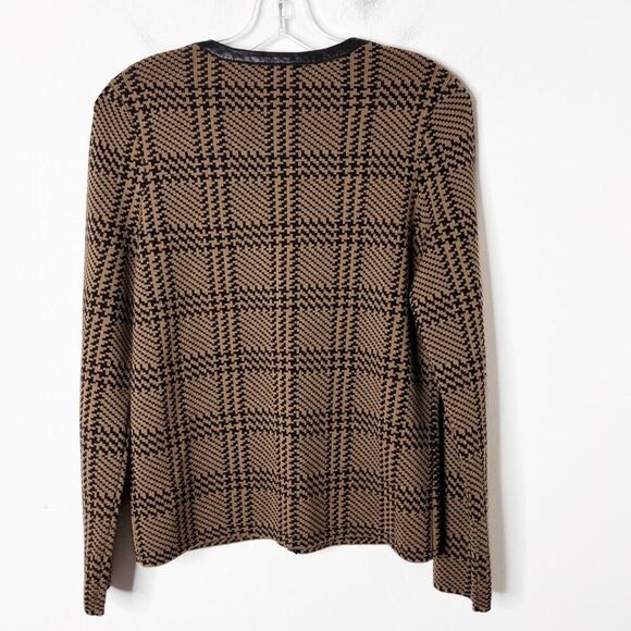 Pendleton Women's Wool Cardigan Sweater S Herringbone Plaid Brown Leather Trim - Picture 3 of 6